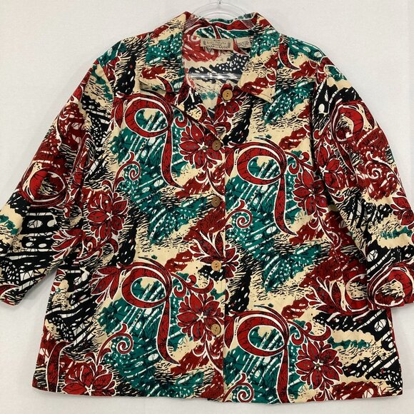 Vintage Life Style 2X Red Green Sequins 3/4 Sleeve Cotton Button Jacket Holiday - Picture 1 of 9